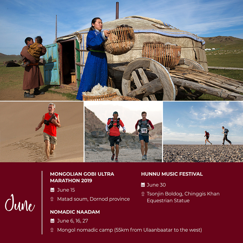 The Events in Mongolia in May  As one of most travel friendly months of the year, May in Mongolia can give opporttunies of showing unchanged wildlife and nature phenomena with cultural Yak Festival in in rhe Gobi desert and chances to challenge your running ability in Ulaanbaatar marathon.